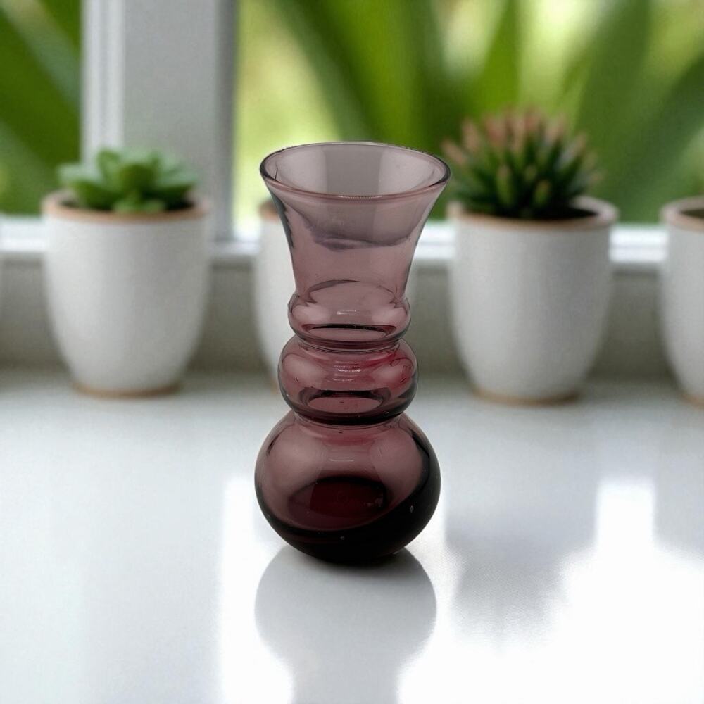 Vintage Amethyst Purple Glass Three Section Mini Vase 3 Inches MCM